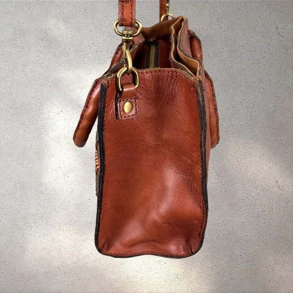 Patricia Nash Woven Plaid Mozia Satchel Brown‎ Top Handle Bag Detachable Strap